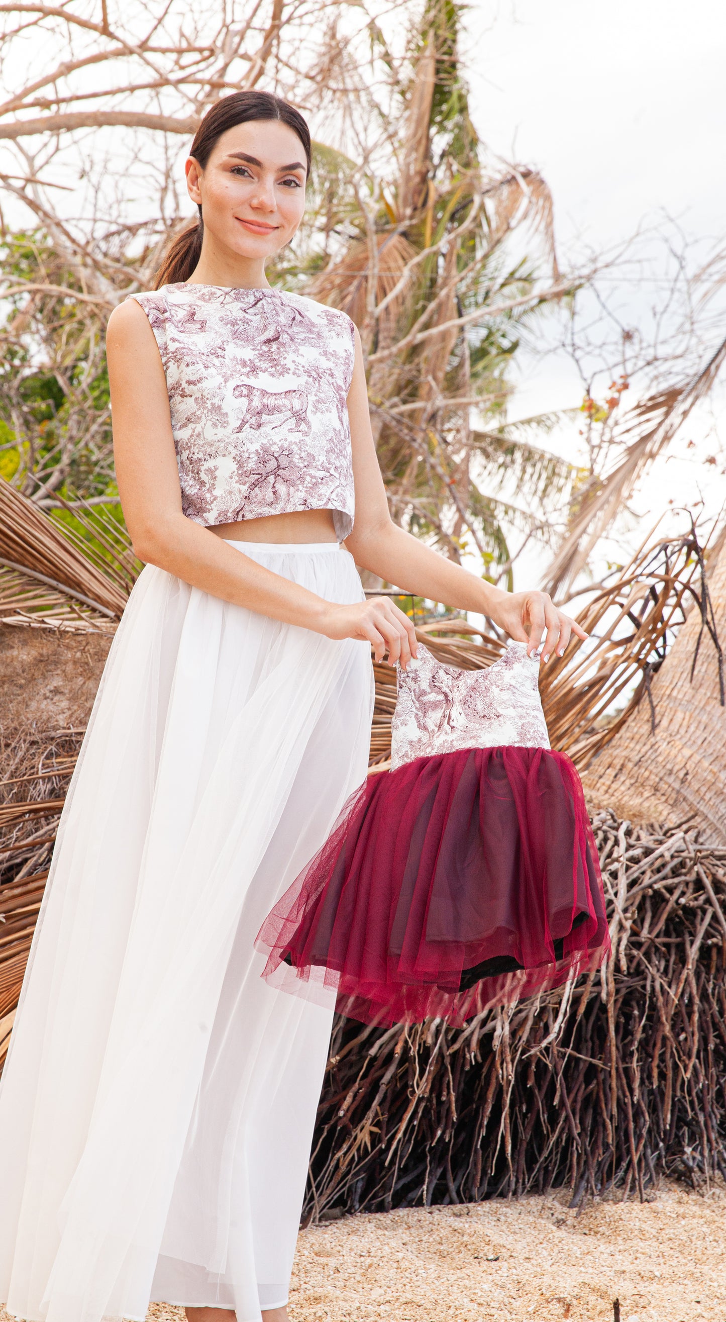 Emma Tulle Midi Dress - Maroon Lion w/ Maroon Tulle Skirt