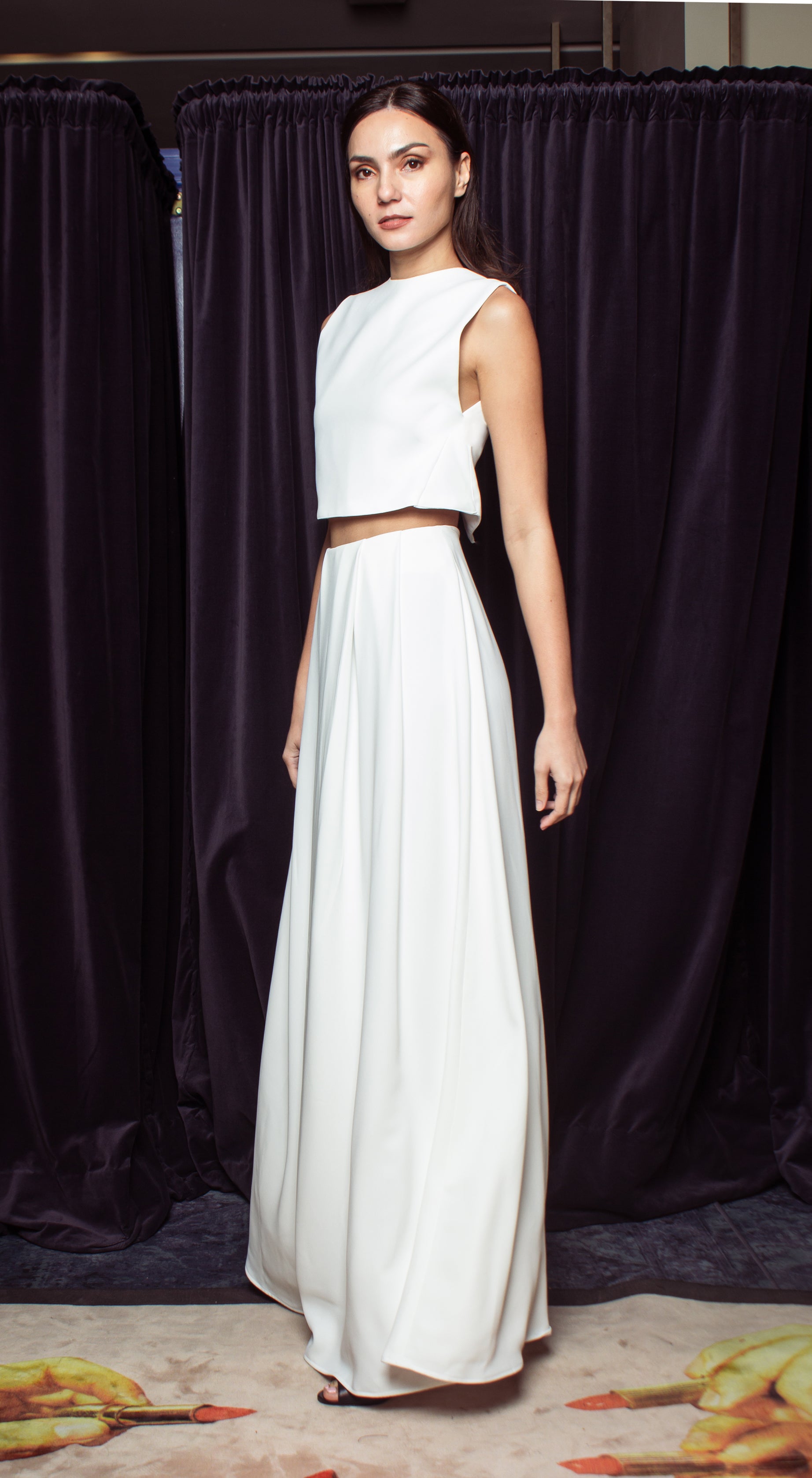 Front and Back Pleated Versatile Long Skirt - White Crepe
