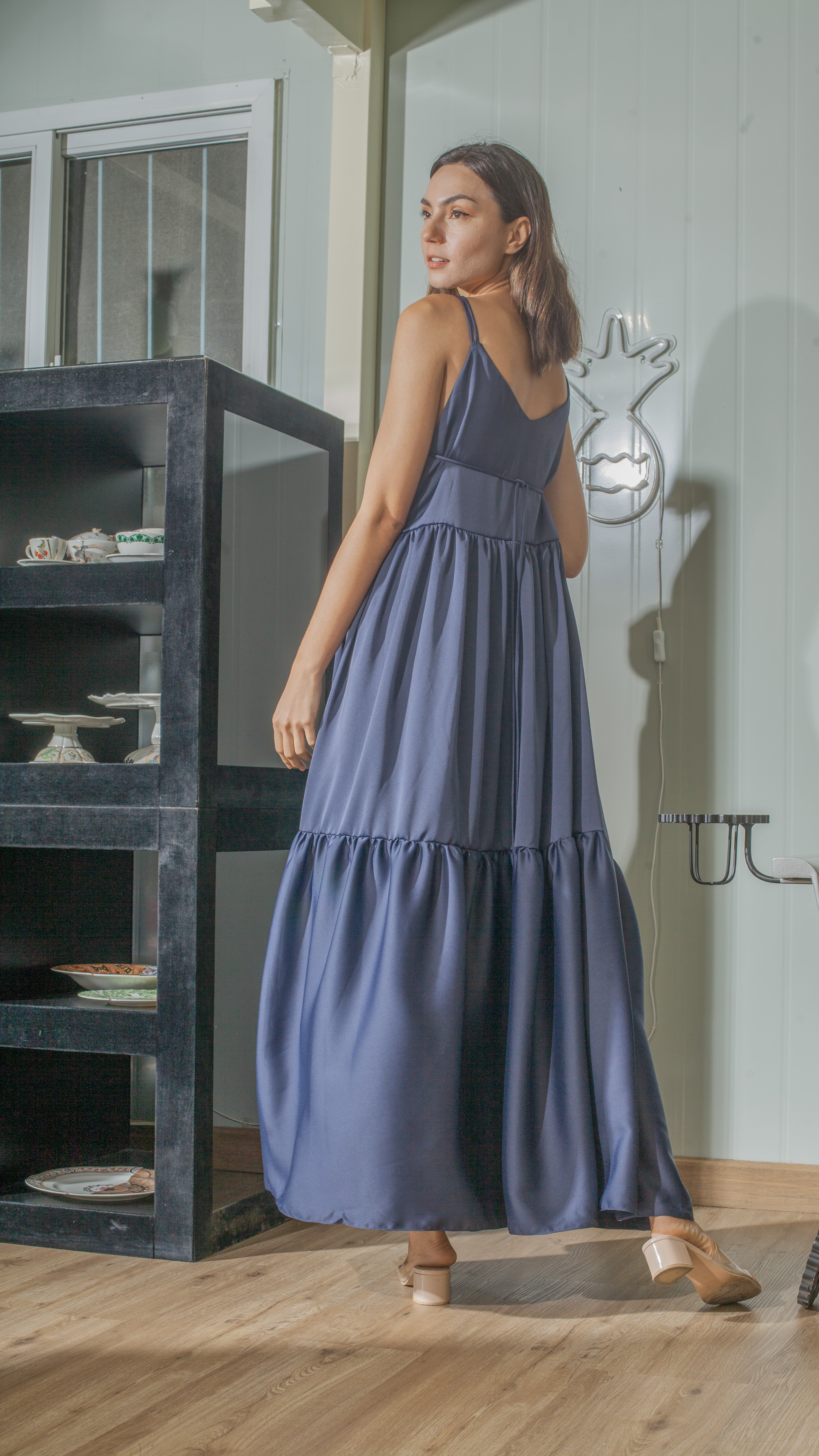 Double Strap V-Neckline Long Dress in Blue Crepe