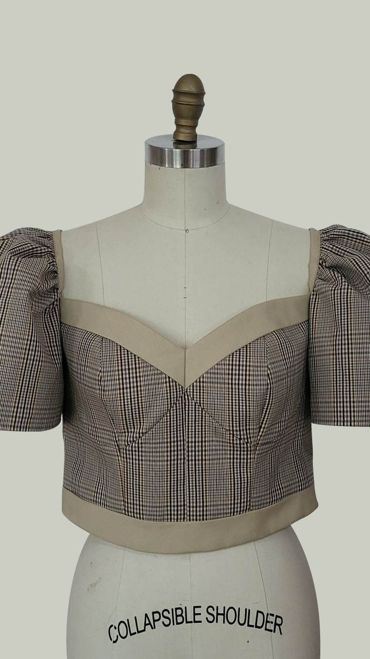 Cup Detail Corset with Puff Sleeve — Checkered / Khaki