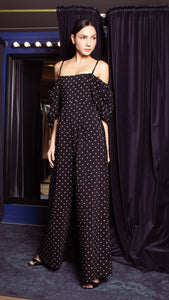 Square Neckline Puff Sleeve Wide Leg Jumpsuit - Black Polka Dot Satin