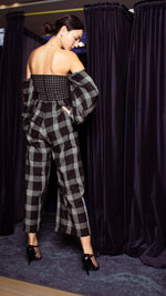 Load image into Gallery viewer, Off-Shoulder Wide Hem Jumpsuit - Small Upper Body, Big on Sleeve &amp; Pants Checks
