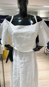Flounce Cutout Sleeve Double Slit Front Dress - White Linen