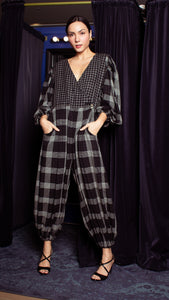 Oversized Front Wrap Jumpsuit with Detachable Wide Belt Jumpsuit - Checks