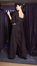 Load image into Gallery viewer, Square Neckline Puff Sleeve Wide Leg Jumpsuit - Black Polka Dot Satin
