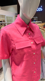 Load image into Gallery viewer, High Collar Polo Top - Fuchsia Linen
