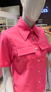 High Collar Polo Top - Fuchsia Linen