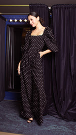 Load image into Gallery viewer, Square Neckline Puff Sleeve Wide Leg Jumpsuit - White Polka Dot Satin
