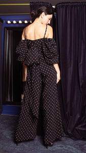Square Neckline Puff Sleeve Wide Leg Jumpsuit - White Polka Dot Satin