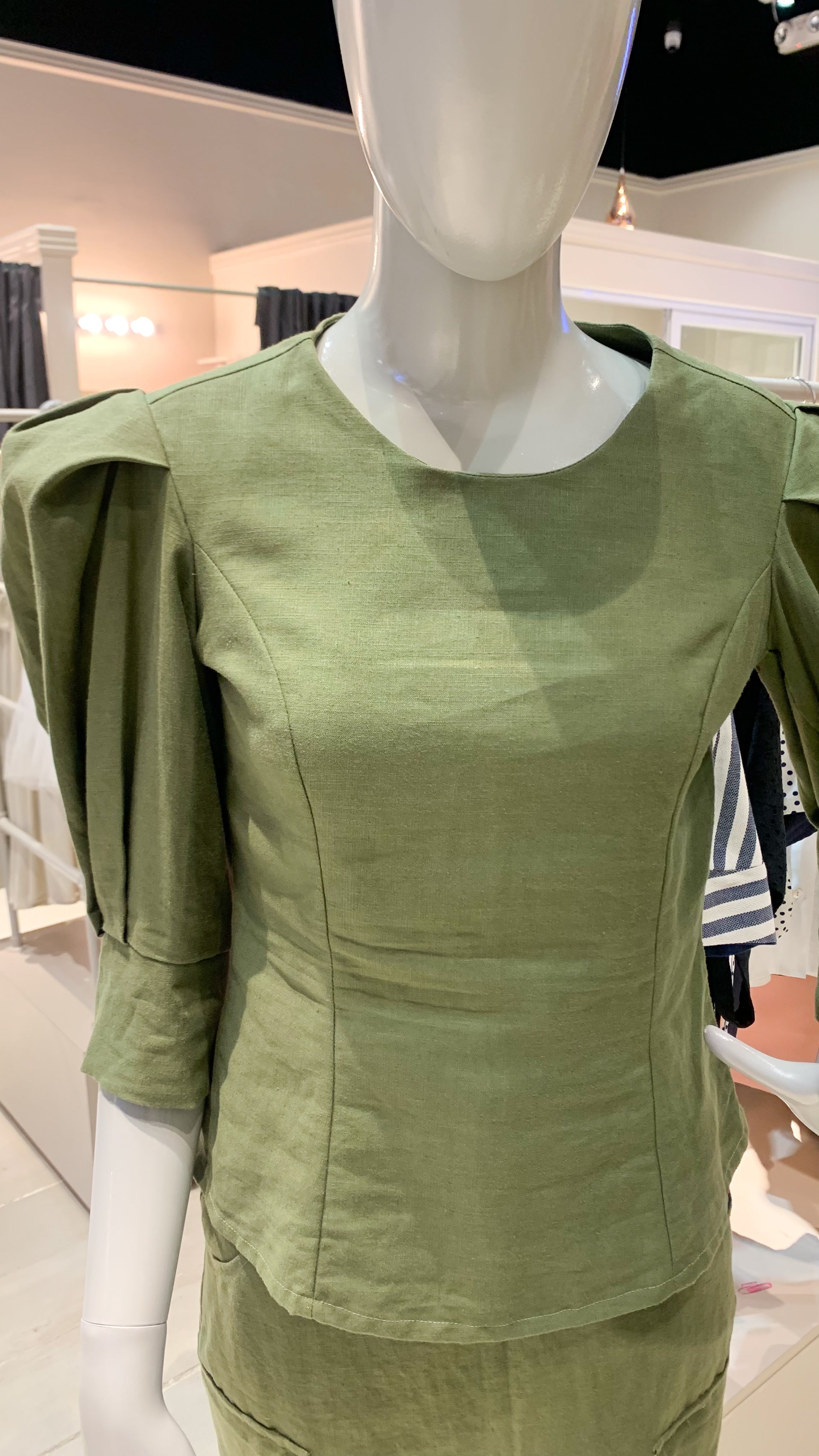 Puff Sleeve Top - Army Green Linen