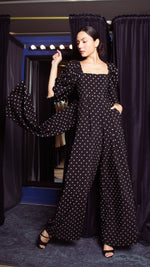 Load image into Gallery viewer, Square Neckline Puff Sleeve Wide Leg Jumpsuit - White Polka Dot Satin

