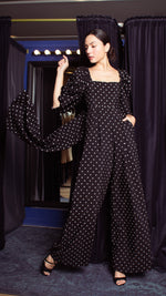 Load image into Gallery viewer, Square Neckline Puff Sleeve Wide Leg Jumpsuit - Black Polka Dot Satin
