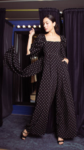 Square Neckline Puff Sleeve Wide Leg Jumpsuit - Black Polka Dot Satin