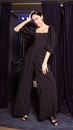 Load image into Gallery viewer, Square Neckline Puff Sleeve Wide Leg Jumpsuit - Black Polka Dot Satin
