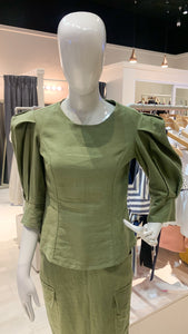 Puff Sleeve Top - Army Green Linen