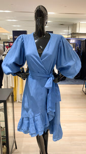 3/4 Mushroom Sleeve Wrap Pleated Hem Dress - Azure Blue Linen
