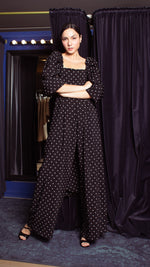 Load image into Gallery viewer, Square Neckline Puff Sleeve Wide Leg Jumpsuit - Black Polka Dot Satin
