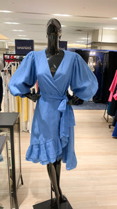 3/4 Mushroom Sleeve Wrap Pleated Hem Dress - Azure Blue Linen