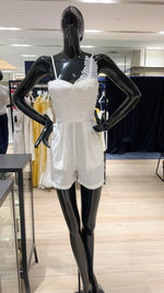 Load image into Gallery viewer, Spaghetti Strap Semi-Sweetheart Cup Cutout Detail Romper - White Linen with Appliqué
