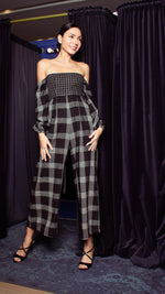 Load image into Gallery viewer, Off-Shoulder Wide Hem Jumpsuit - Small Upper Body, Big on Sleeve &amp; Pants Checks
