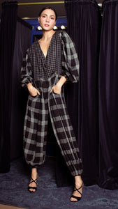 Oversized Front Wrap Jumpsuit with Detachable Wide Belt Jumpsuit - Checks