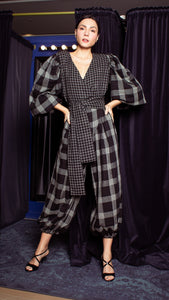 Oversized Front Wrap Jumpsuit with Detachable Wide Belt - Checks