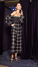 Load image into Gallery viewer, Off-Shoulder Wide Hem Jumpsuit - Small Upper Body, Big on Sleeve &amp; Pants Checks
