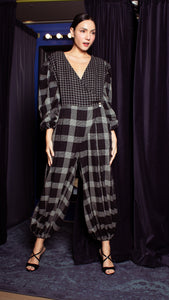 Oversized Front Wrap Jumpsuit with Detachable Wide Belt Jumpsuit - Checks