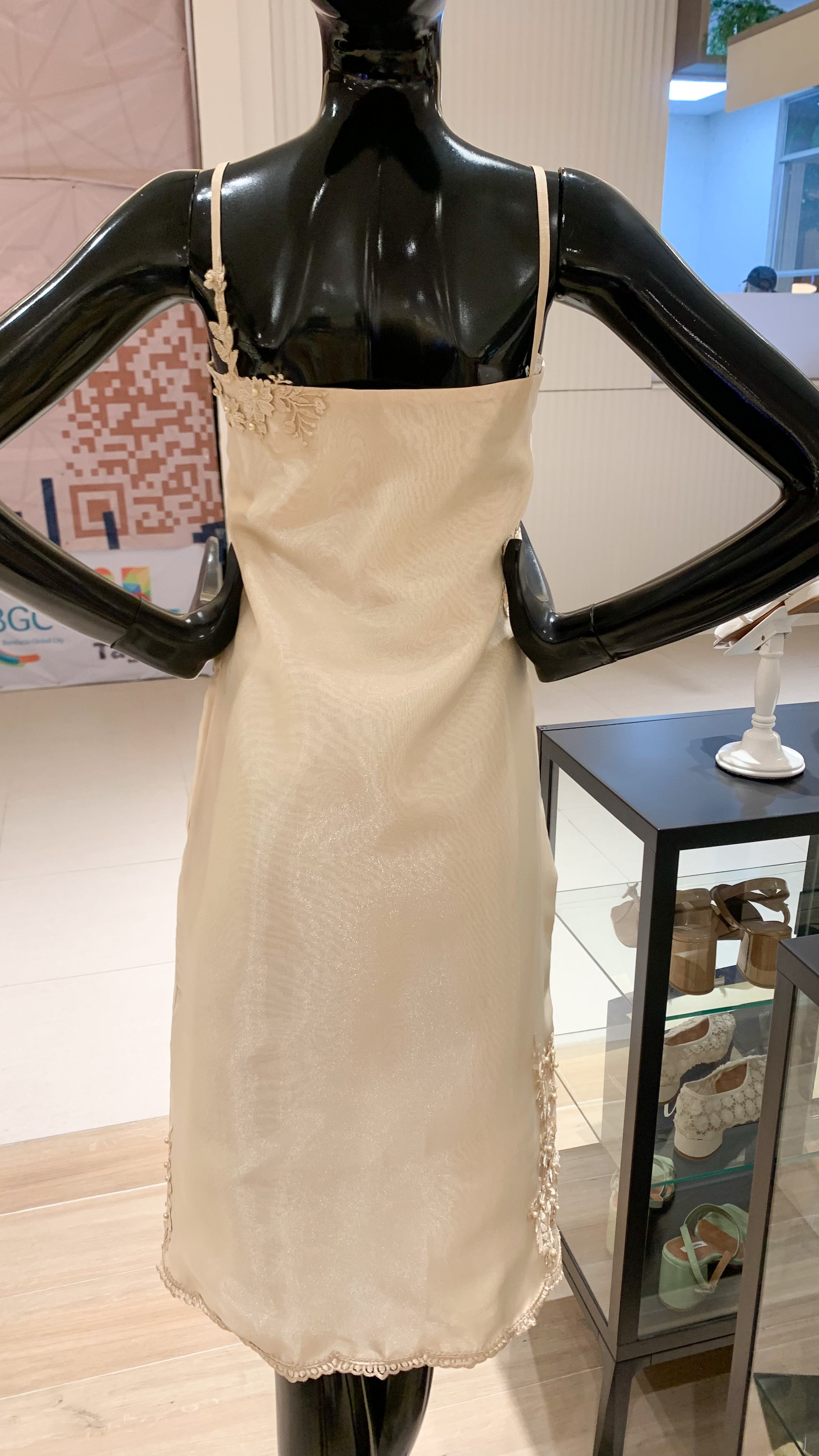 Square Neckline Midi Dress with Appliqué - Shimmery Organza over Gazar