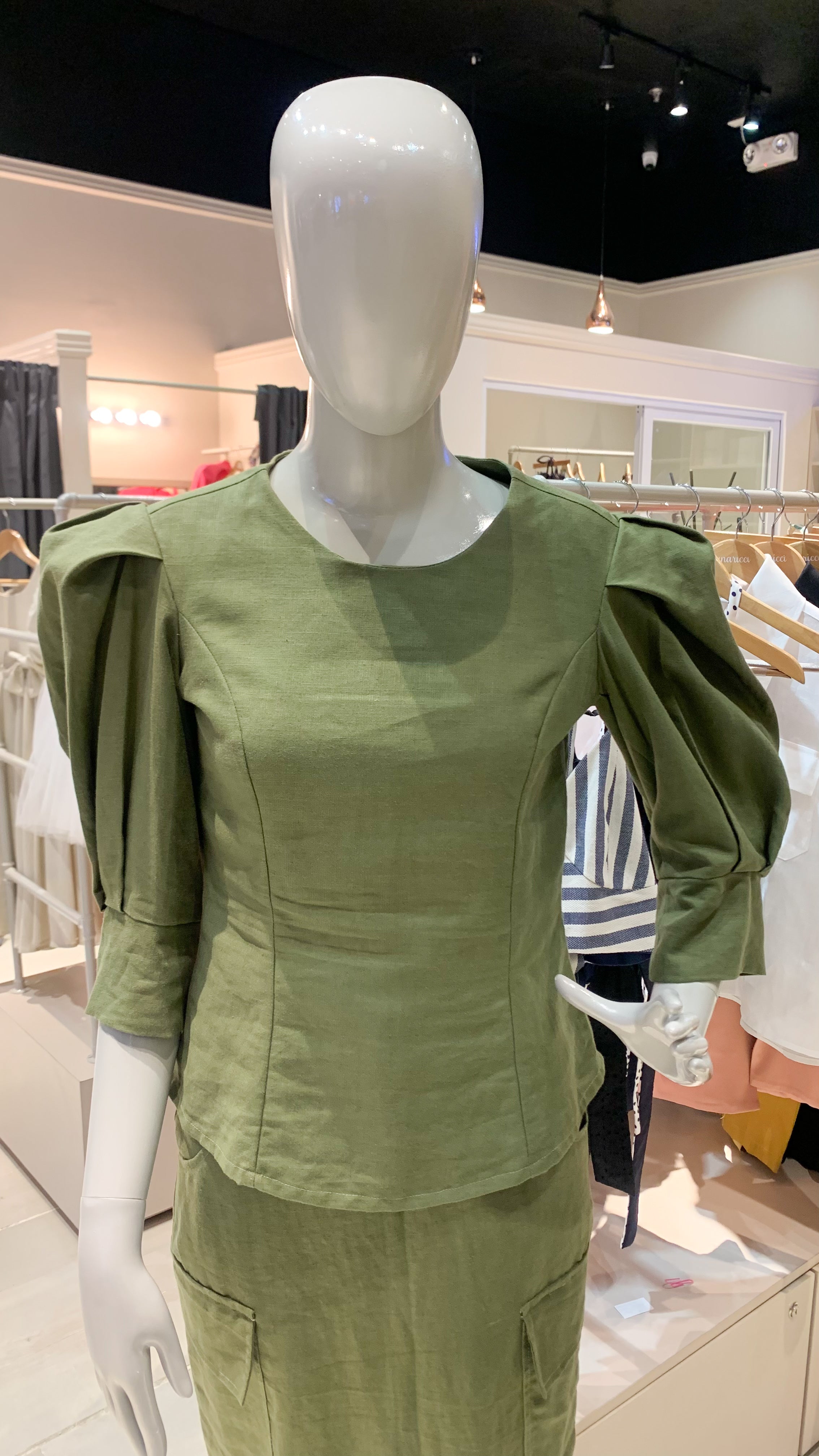 Puff Sleeve Top - Army Green Linen