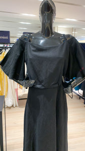 Flounce Cutout Sleeve Double Slit Front Dress - Black Linen