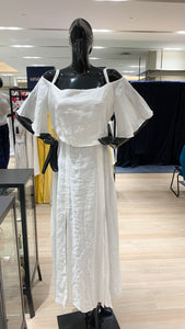 Flounce Cutout Sleeve Double Slit Front Dress - White Linen