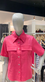 Load image into Gallery viewer, High Collar Polo Top - Fuchsia Linen
