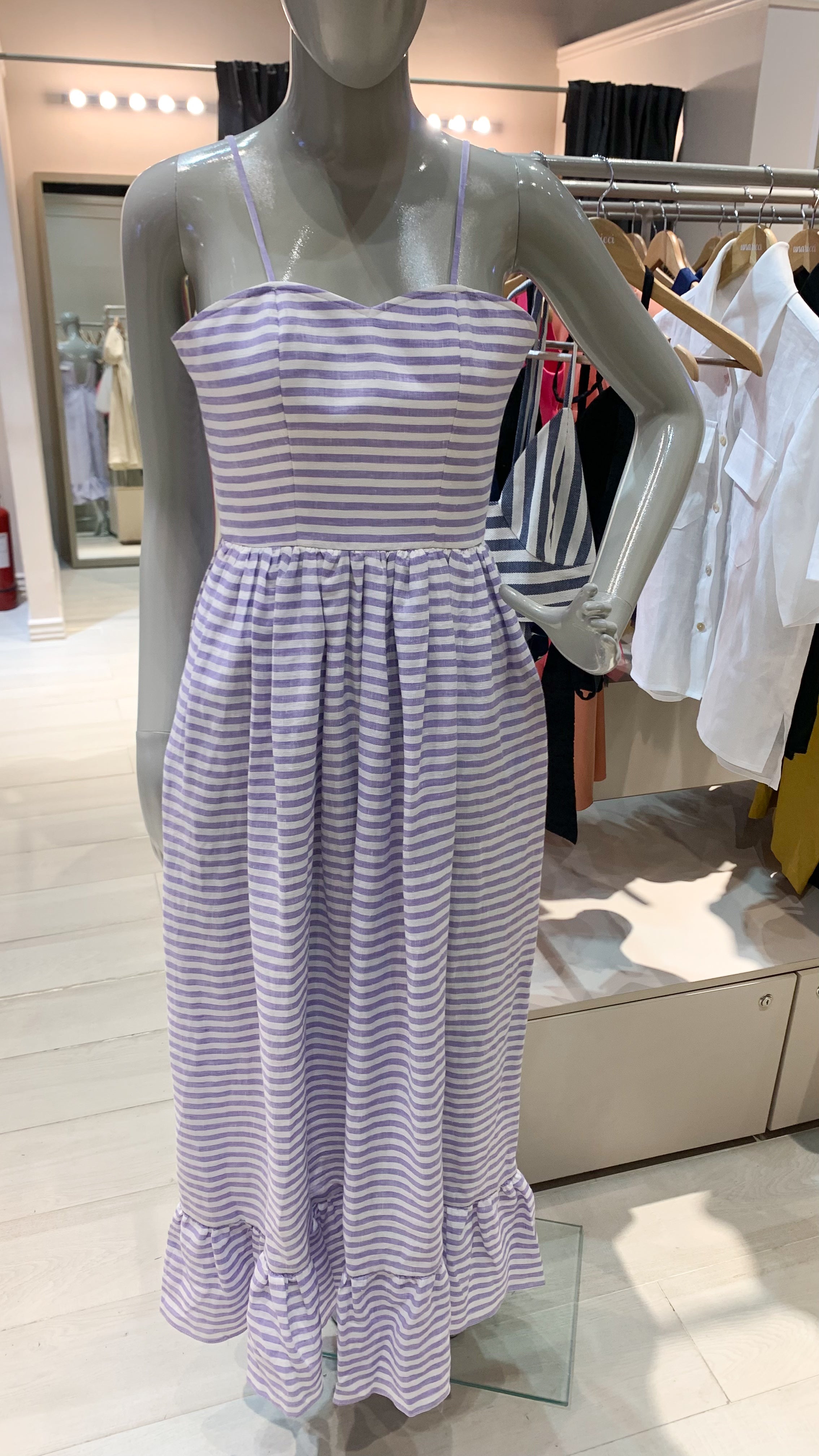 Semi-Sweetheart Balloon Dress with Ruffle Hem - Lilac Stripe