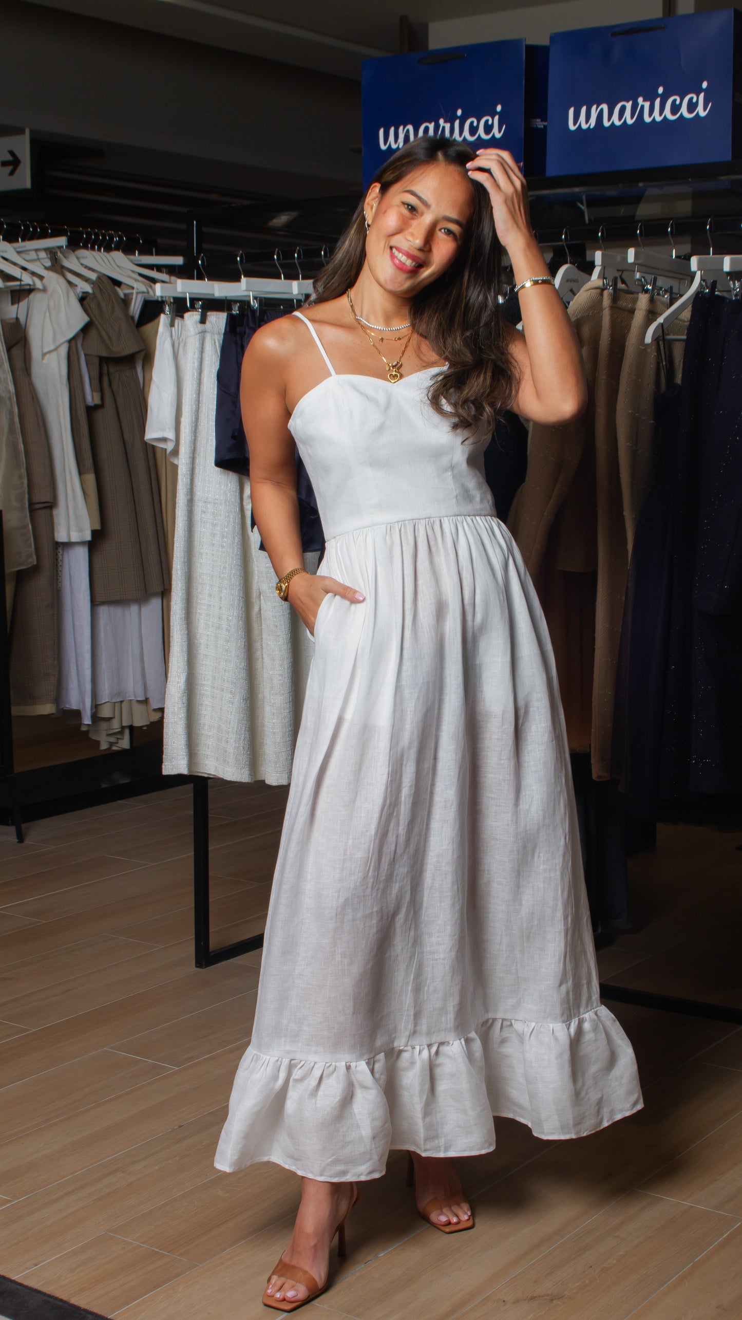 Semi-Sweetheart Spaghetti Strap A-Line Ruffle Hem Dress - White Linen