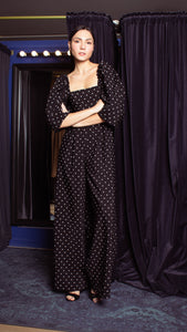 Square Neckline Puff Sleeve Wide Leg Jumpsuit - Black Polka Dot Satin