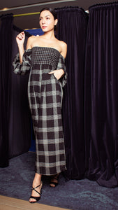 Off-Shoulder Wide Hem Jumpsuit - Small Upper Body, Big on Sleeve & Pants Checks