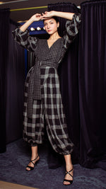 Load image into Gallery viewer, Oversized Front Wrap Jumpsuit with Detachable Wide Belt Jumpsuit - Checks
