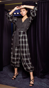 Oversized Front Wrap Jumpsuit with Detachable Wide Belt - Checks