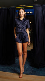 Load image into Gallery viewer, Flare Shorts - Midnight Blue Satin
