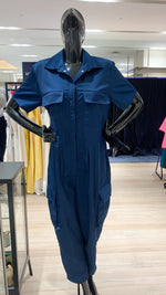 Load image into Gallery viewer, Short Sleeve Baggy Jumpsuit - Metallic Blue Cotton Twill
