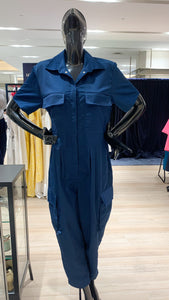 Short Sleeve Baggy Jumpsuit - Metallic Blue Cotton Twill