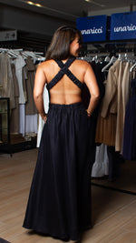 Load image into Gallery viewer, Elastic Waist Criss Cross Back Dress - Black Matte Linen
