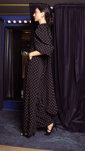 Square Neckline Puff Sleeve Wide Leg Jumpsuit - Black Polka Dot Satin