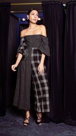 Load image into Gallery viewer, Off-Shoulder Wide Hem Jumpsuit - Mix Checks
