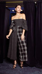 Off-Shoulder Wide Hem Jumpsuit - Mix Checks