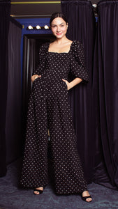 Square Neckline Puff Sleeve Wide Leg Jumpsuit - White Polka Dot Satin