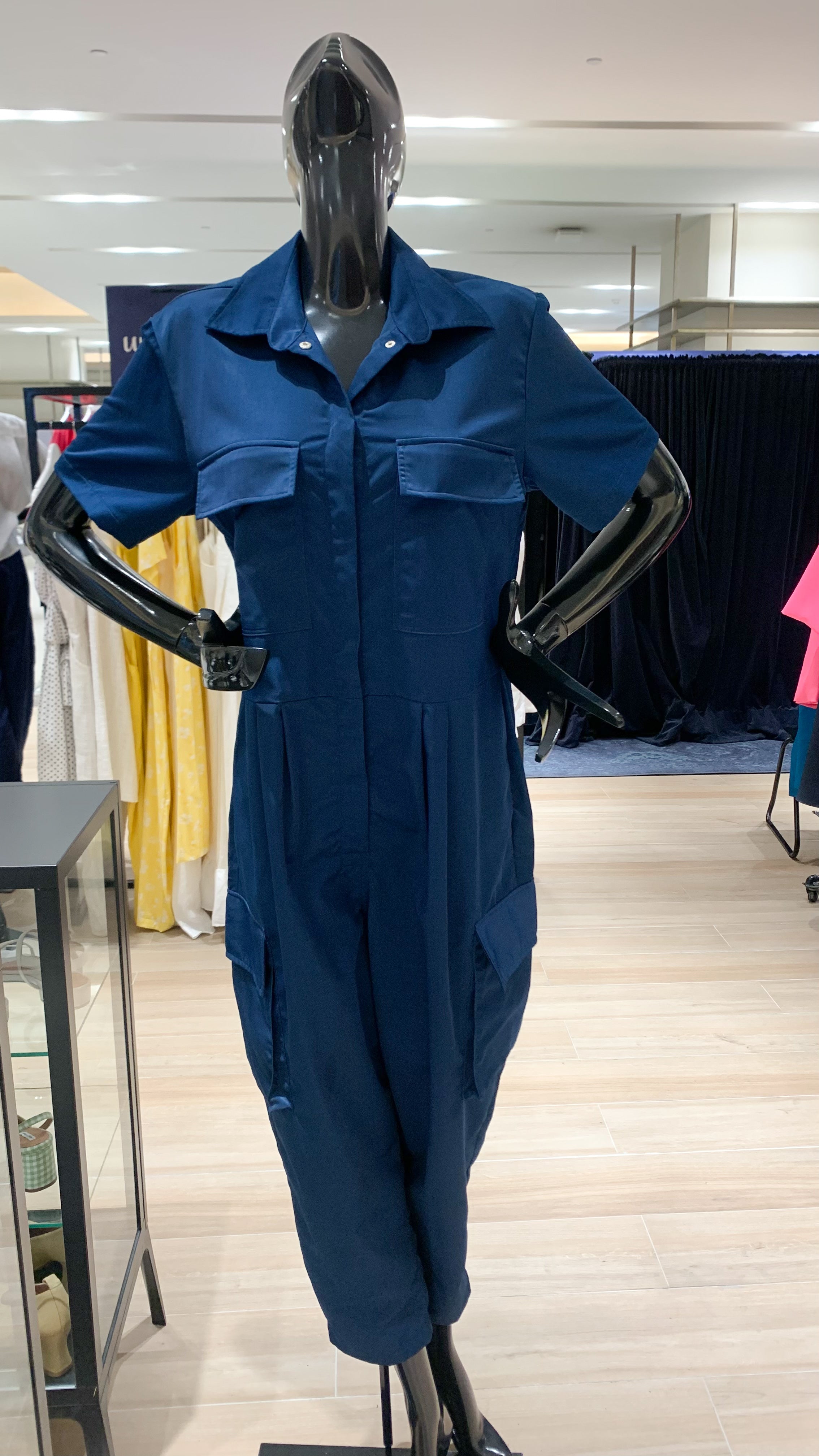 Short Sleeve Baggy Jumpsuit - Metallic Blue Cotton Twill