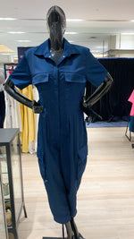 Load image into Gallery viewer, Short Sleeve Baggy Jumpsuit - Metallic Blue Cotton Twill
