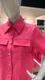 Load image into Gallery viewer, High Collar Polo Top - Fuchsia Linen
